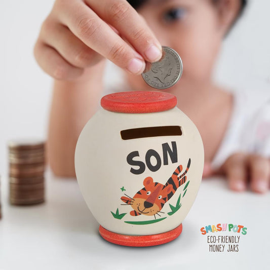 Son single use Smash pot money box with cute tiger image on the front. Ivory with orange top and base. Once filled, smash, empty and bury the pot in the compost heap!