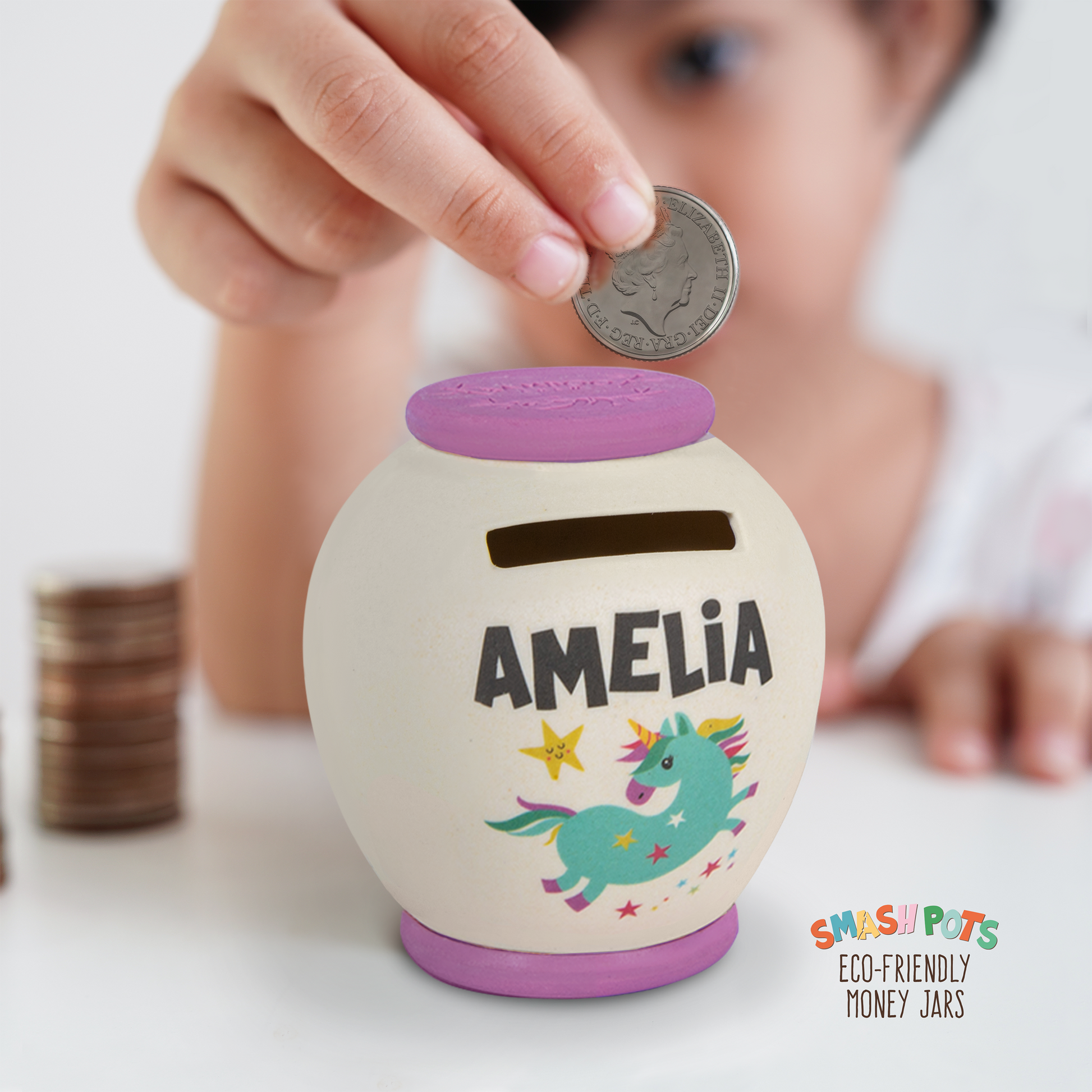 Amelia single use Smash Pot with colourful image. Pot can be composted after use.