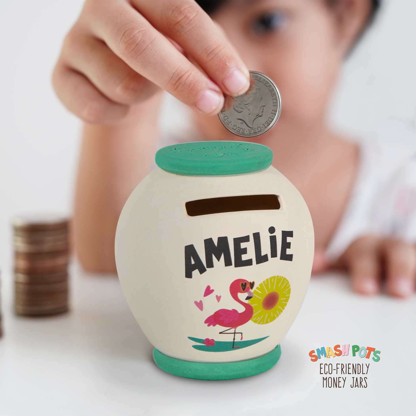 Amelie single use Smash Pot with colourful image. Pot can be composted after use.