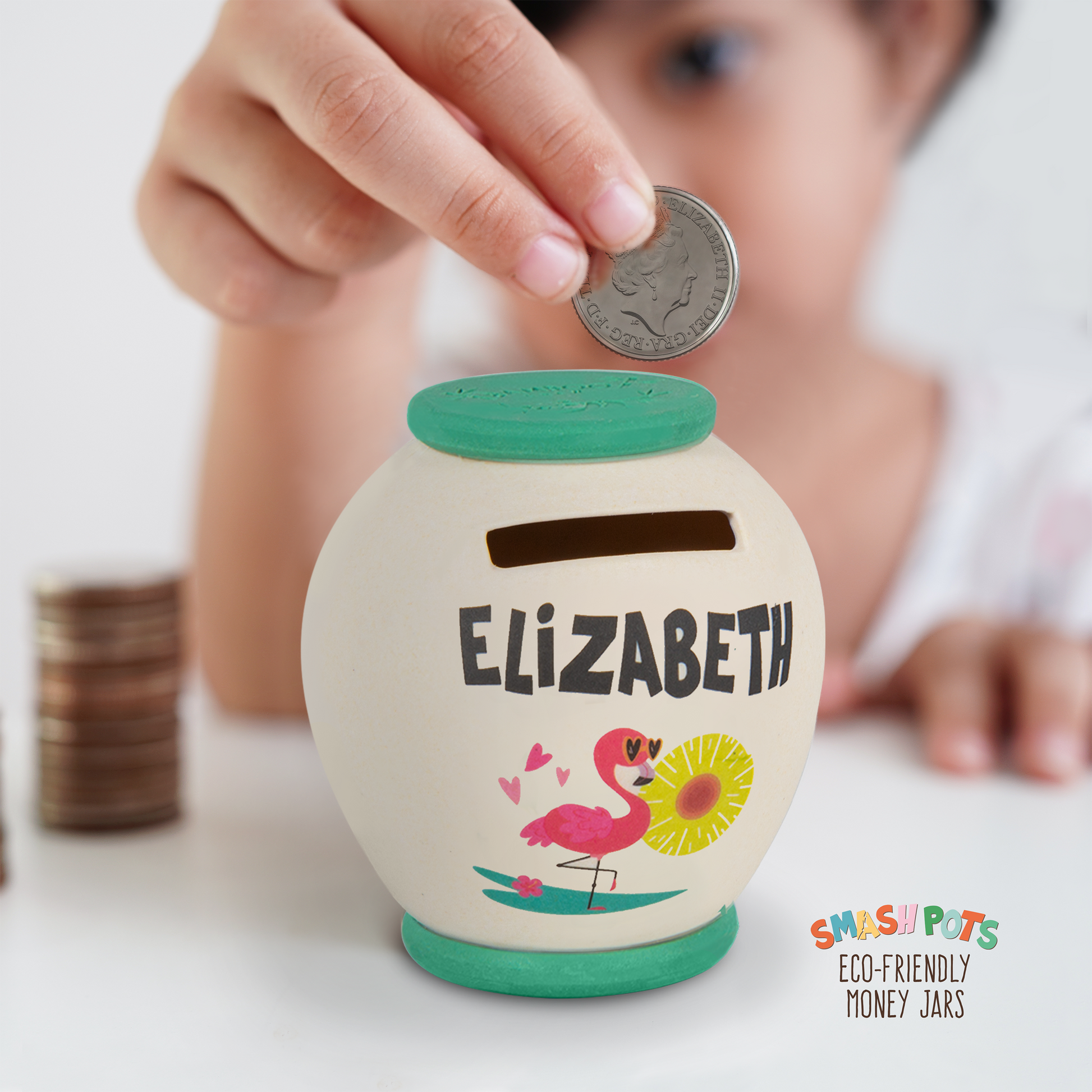 Elizabeth single use Smash Pot with colourful image. Pot can be composted after use.