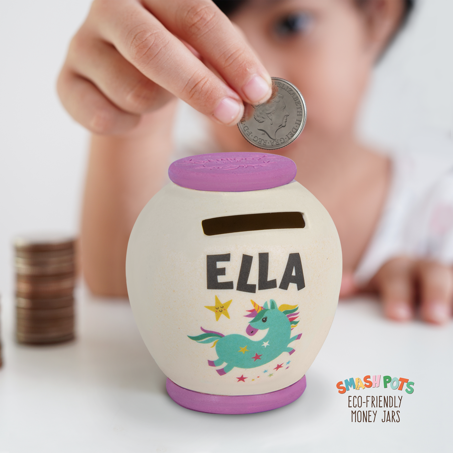 Ella single use Smash Pot with colourful image. Pot can be composted after use.