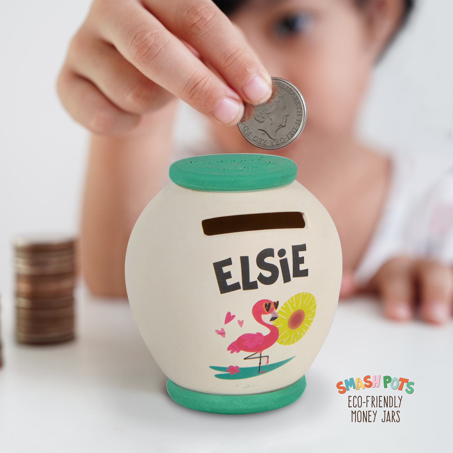 Elsie single use Smash Pot with colourful image. Pot can be composted after use.