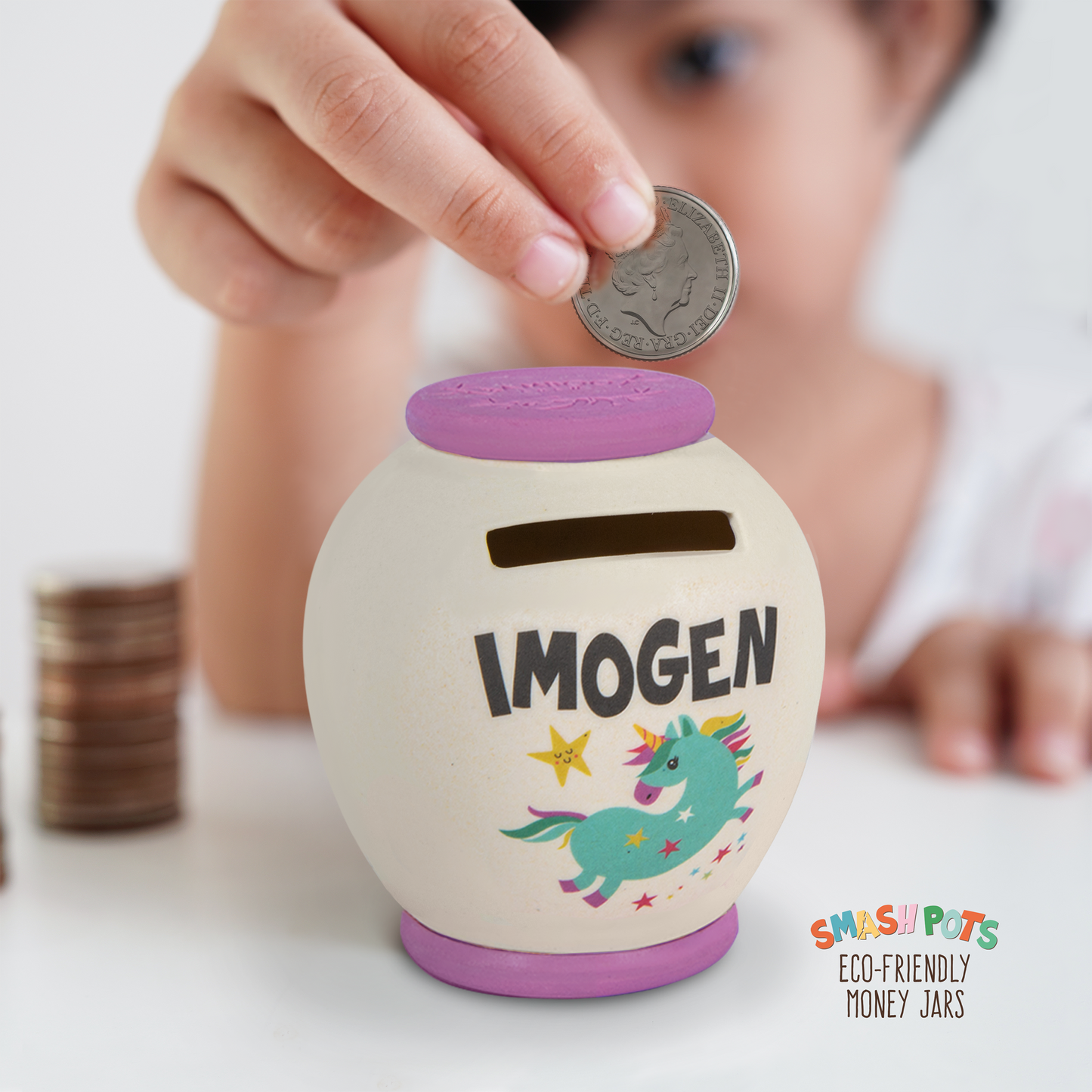 Imogen single use Smash Pot with colourful image. Pot can be composted after use.