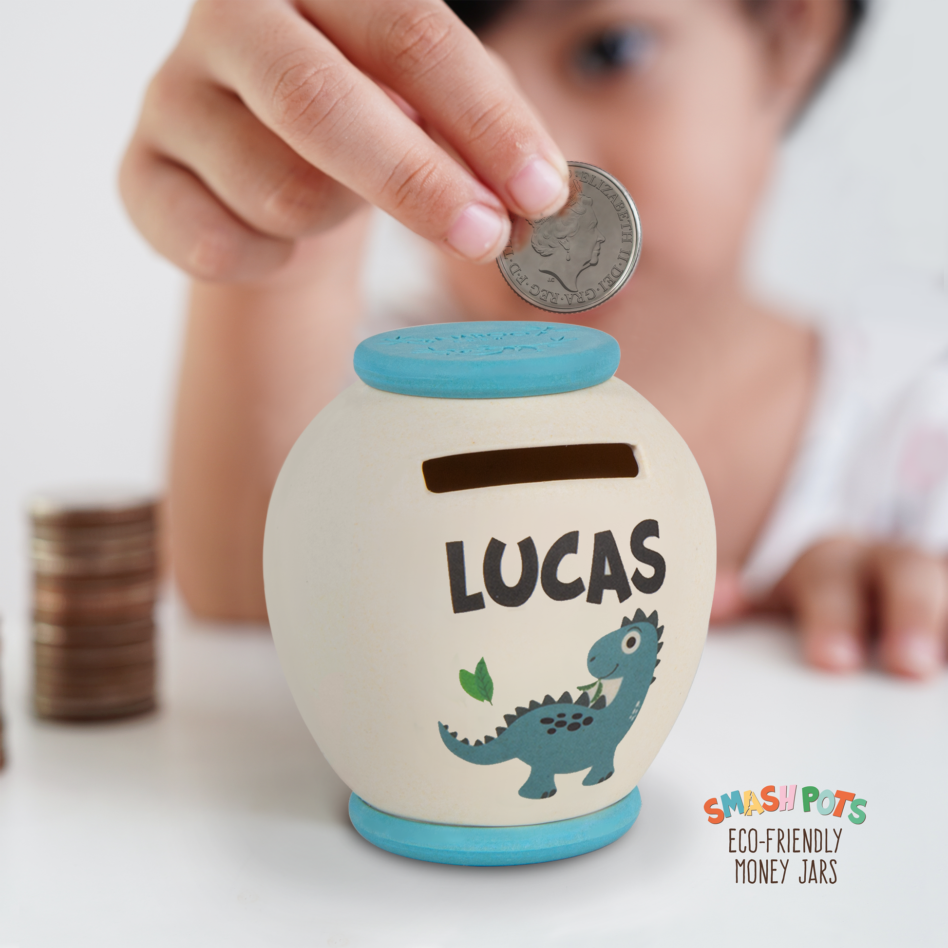 Lucas single use Smash Pot with colourful image. Pot can be composted after use.