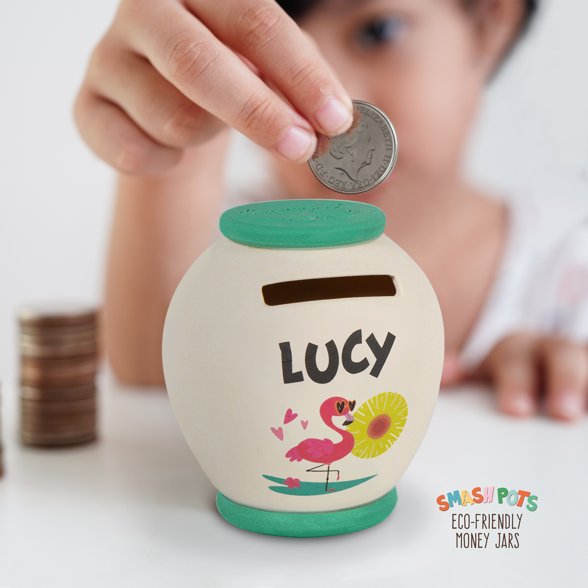 Lucy single use Smash Pot with colourful image. Pot can be composted after use.