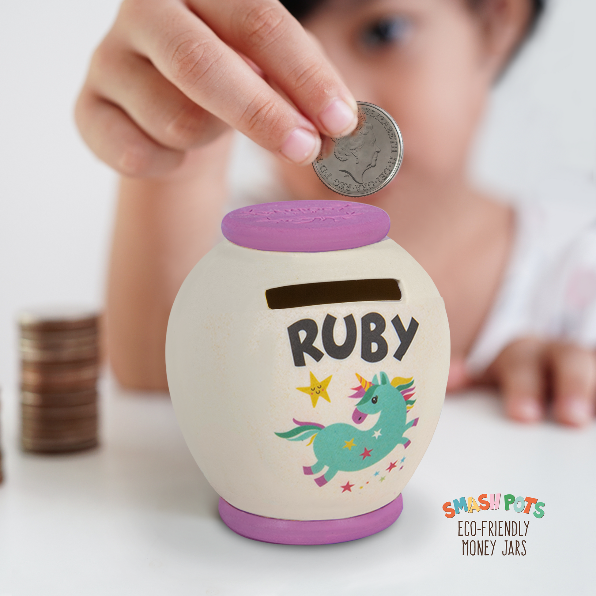 Ruby single use Smash Pot with colourful image. Pot can be composted after use.