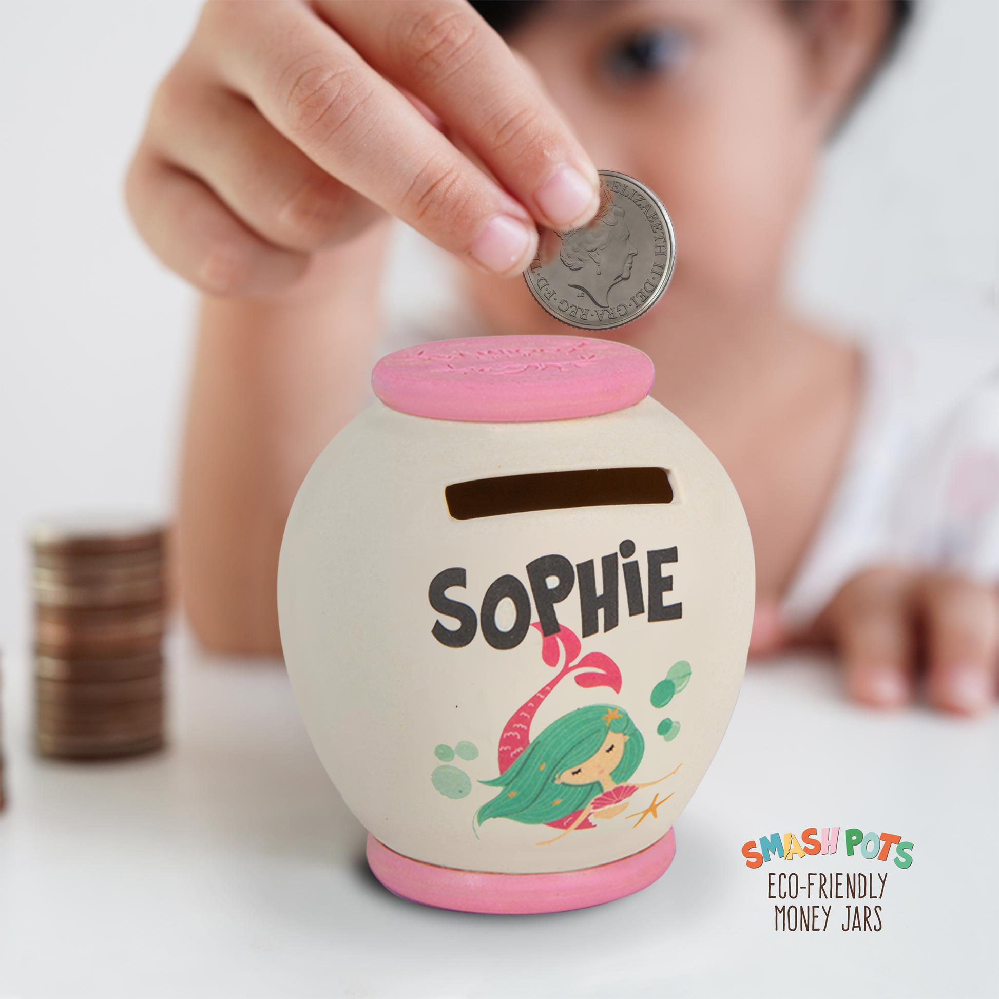 Sophie single use Smash Pot with colourful image. Pot can be composted after use.