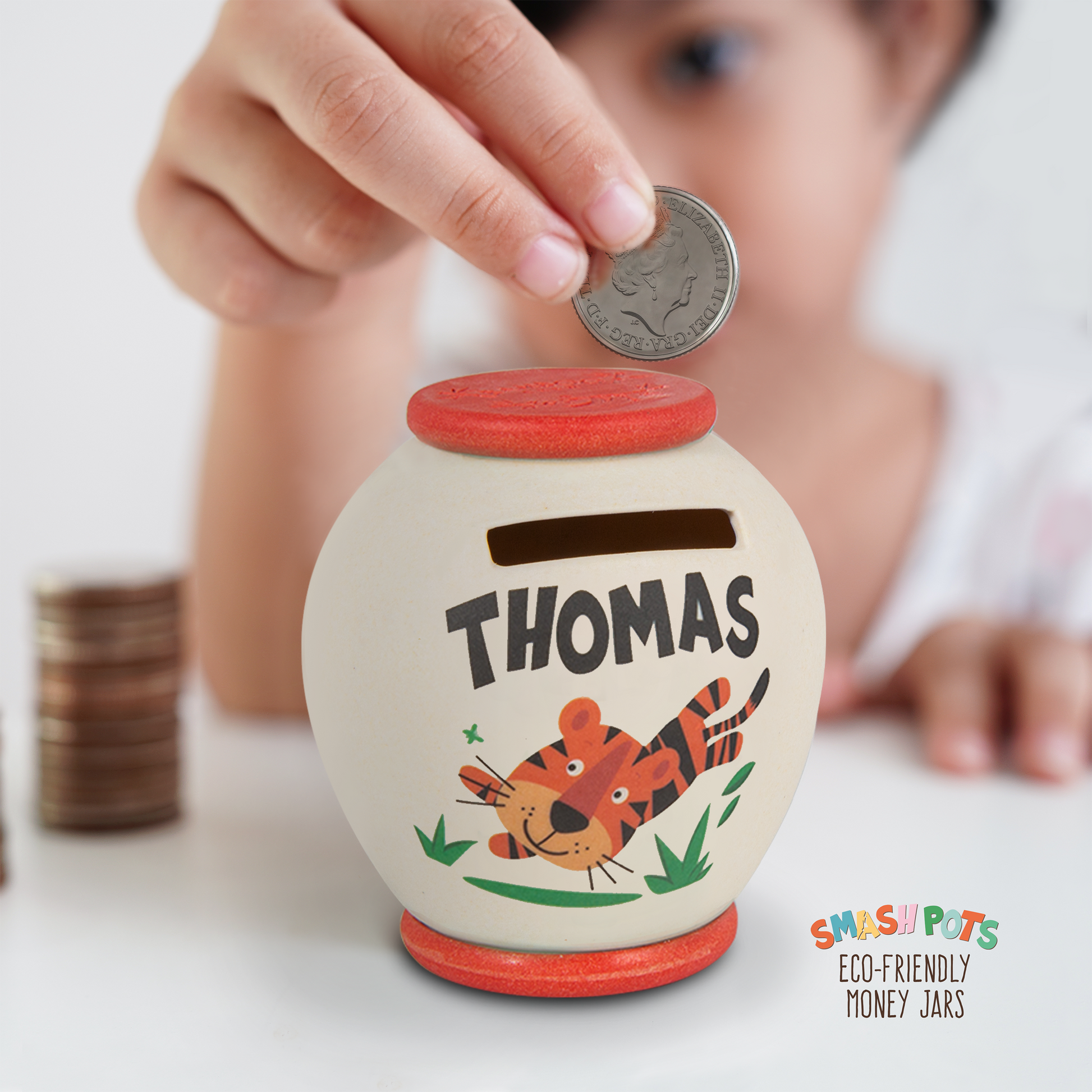 Thomas single use Smash Pot with colourful image. Pot can be composted after use.