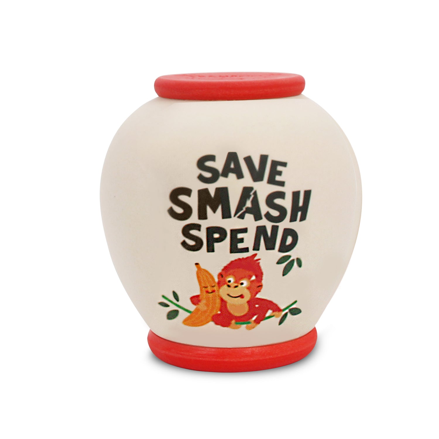 Reverse of Cheeky Monkey's Money Smash Pot showing colourful monkey image and the text SAVE SMASH SPEND.