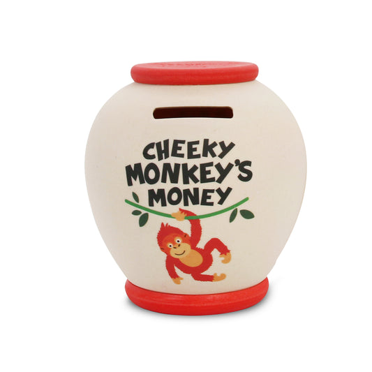 Cheeky Monkeys Money single use Smash Pot with colourful monkey image. Once full, smash, empty and broken pot can be buried in a compost heap! In ivory with orange top and base.