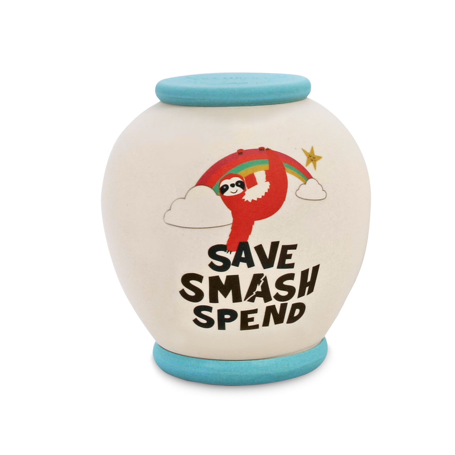 Reverse of Follow Your Dreams Smash Pot showing sloth image and the text SAVE SMASH SPEND.