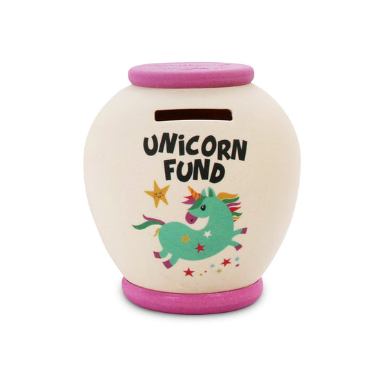 Single use large Unicorn Fund Smash Pot  with colourful unicorn image. In ivory with mauve top and base. Once full, smash, empty and bury the pot in the compost heap!