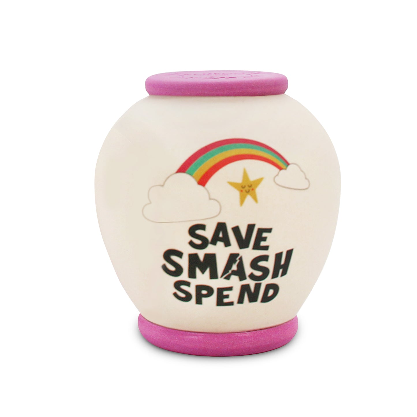 Reverse of Unicorn fund Smash Pot showing rainbow and star image together with text SAVE SMASH SPEND>