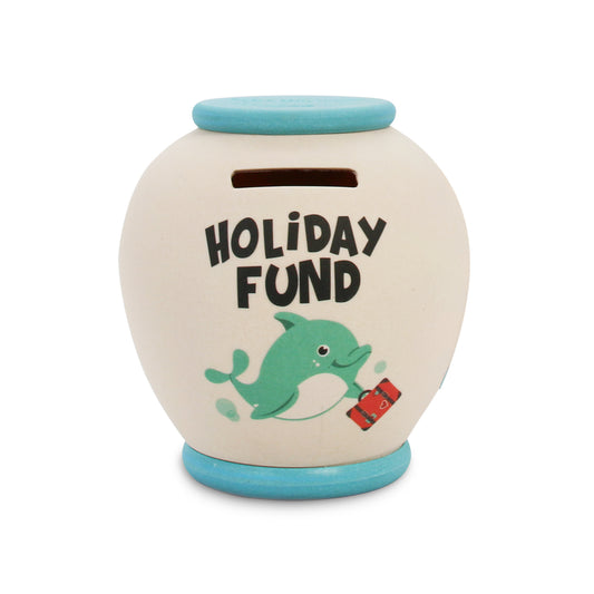 Holiday Fund single use large Smash Pot with colourful dolphin image. In ivory with blue top and base. Once full, smash, empty and bury pot in the compost heap!