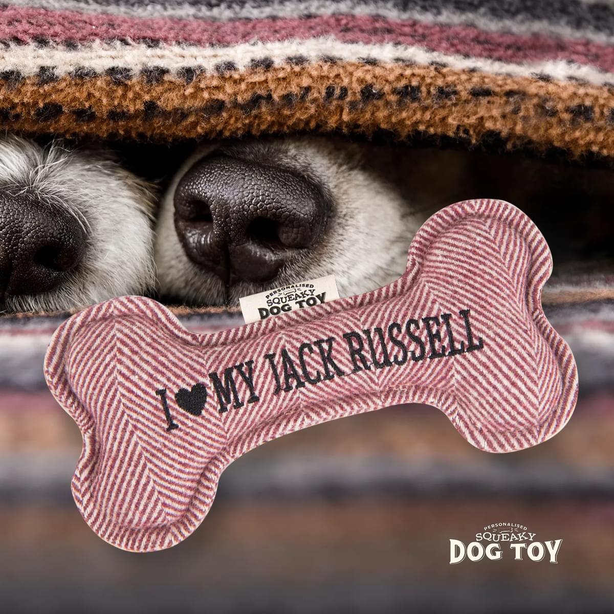 Bone shaped Squeaky Dog Toy with text - I Love My Jack Russell.