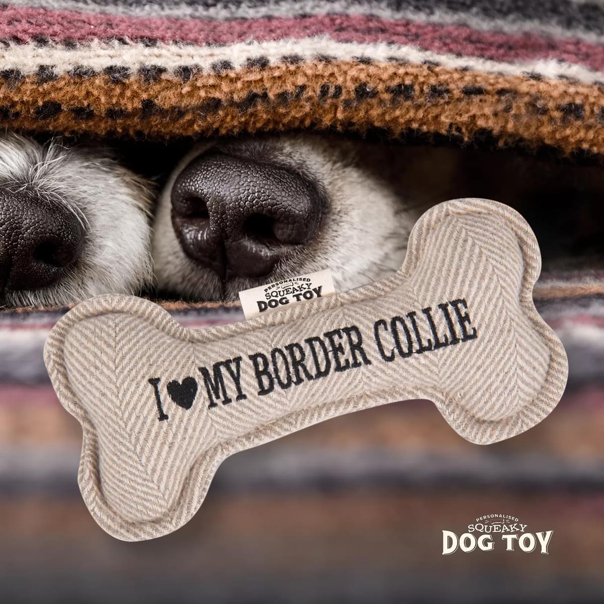 Bone shaped Squeaky Dog toy with text - I Love My Border Collie.