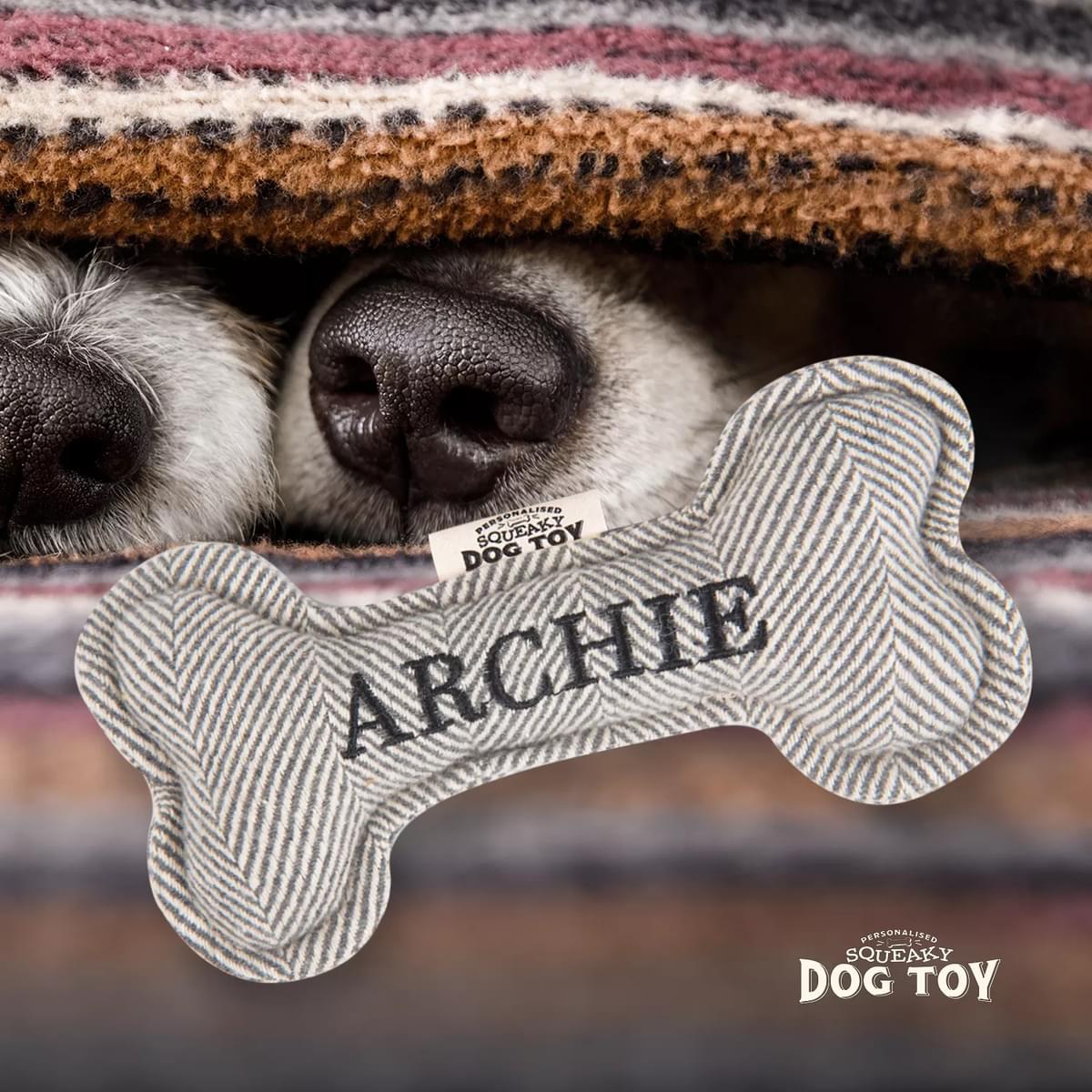 Named Squeaky Dog Toy- Archie. Bone shaped herringbone tweed pattern dog toy. 