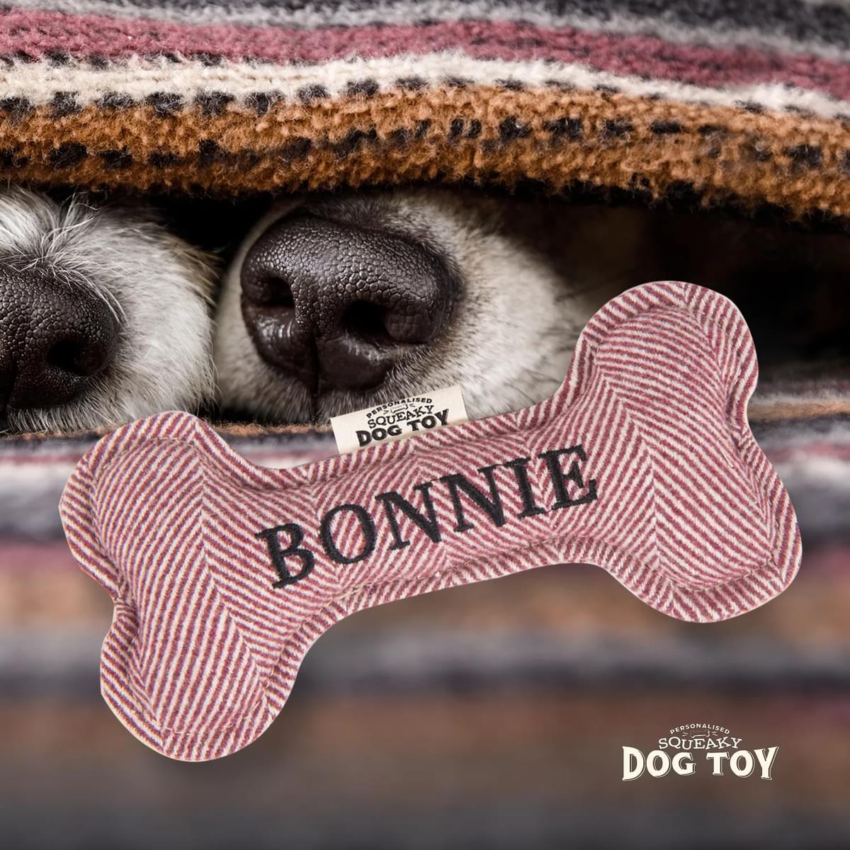 Named Squeaky Dog Toy- Bonnie. Bone shaped herringbone tweed pattern dog toy. 