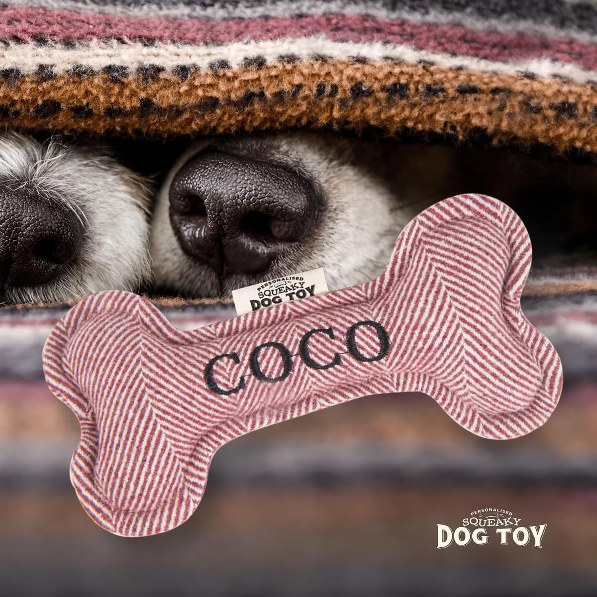 Named Squeaky Dog Toy- Coco. Bone shaped herringbone tweed pattern dog toy. 