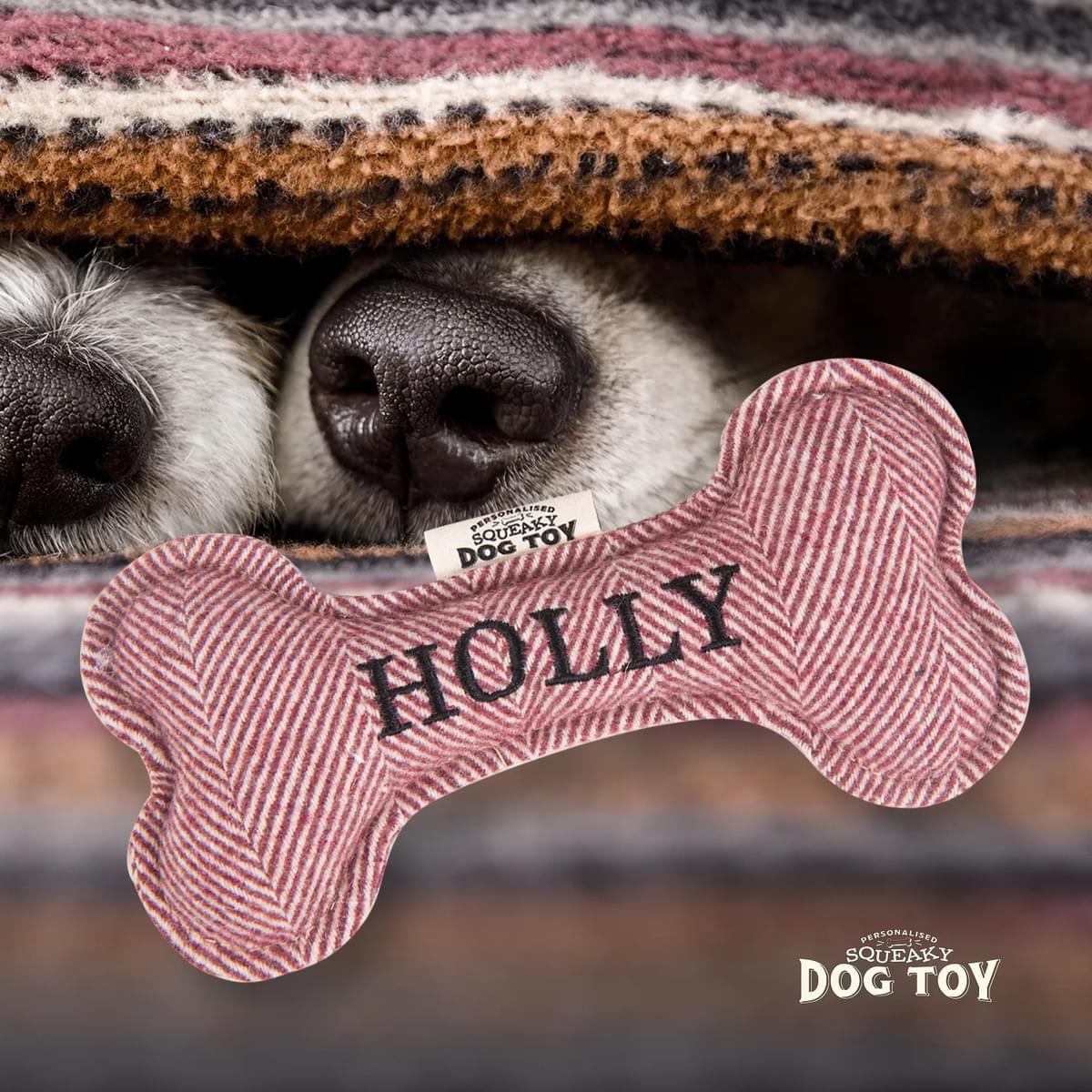 Named Squeaky Dog Toy- Holly. Bone shaped herringbone tweed pattern dog toy. 