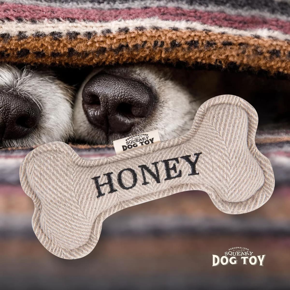 Named Squeaky Dog Toy- Honey. Bone shaped herringbone tweed pattern dog toy. 