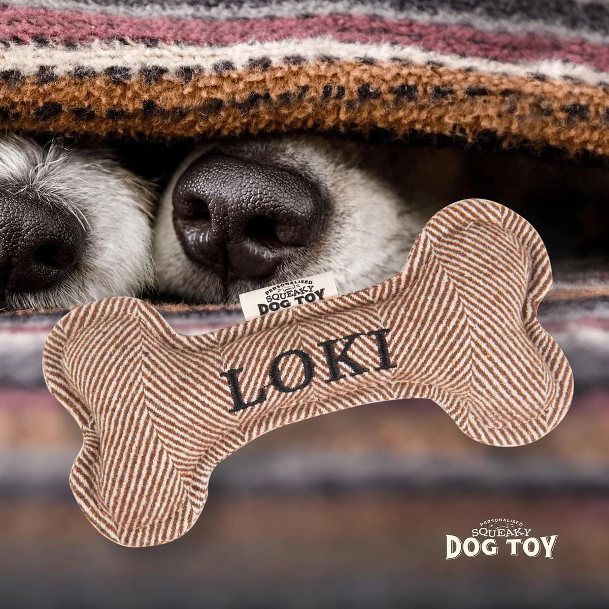 Named Squeaky Dog Toy- Loki. Bone shaped herringbone tweed pattern dog toy. 