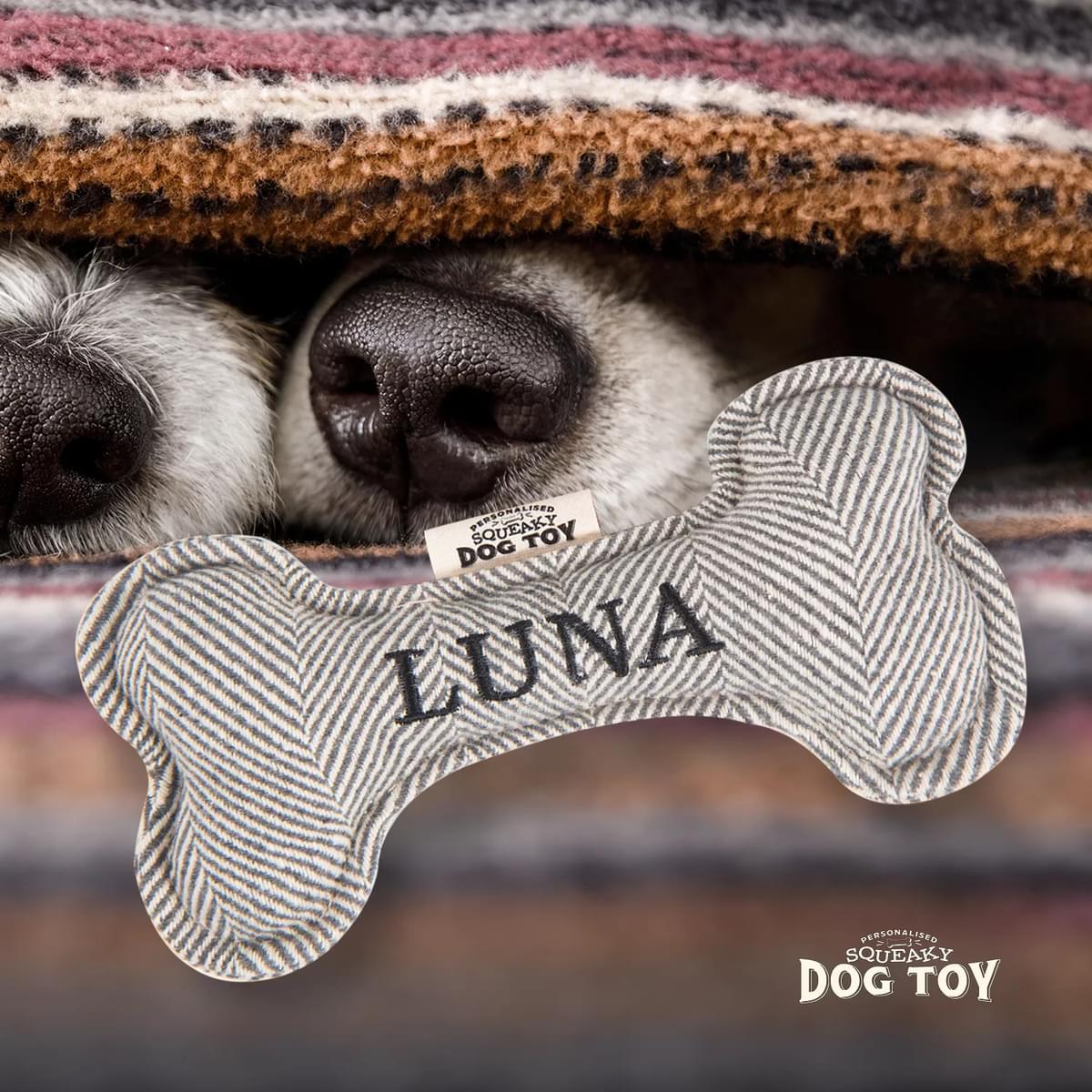 Named Squeaky Dog Toy- Luna. Bone shaped herringbone tweed pattern dog toy. 