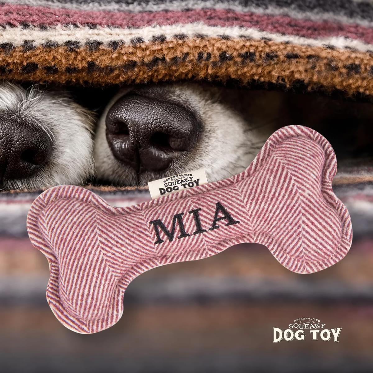 Named Squeaky Dog Toy- Mia. Bone shaped herringbone tweed pattern dog toy. 