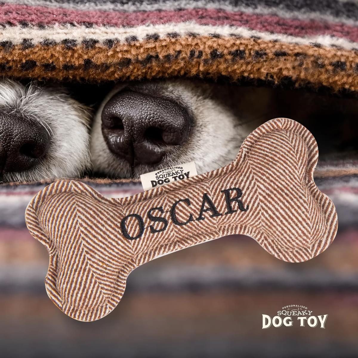Named Squeaky Dog Toy- Oscar. Bone shaped herringbone tweed pattern dog toy. 