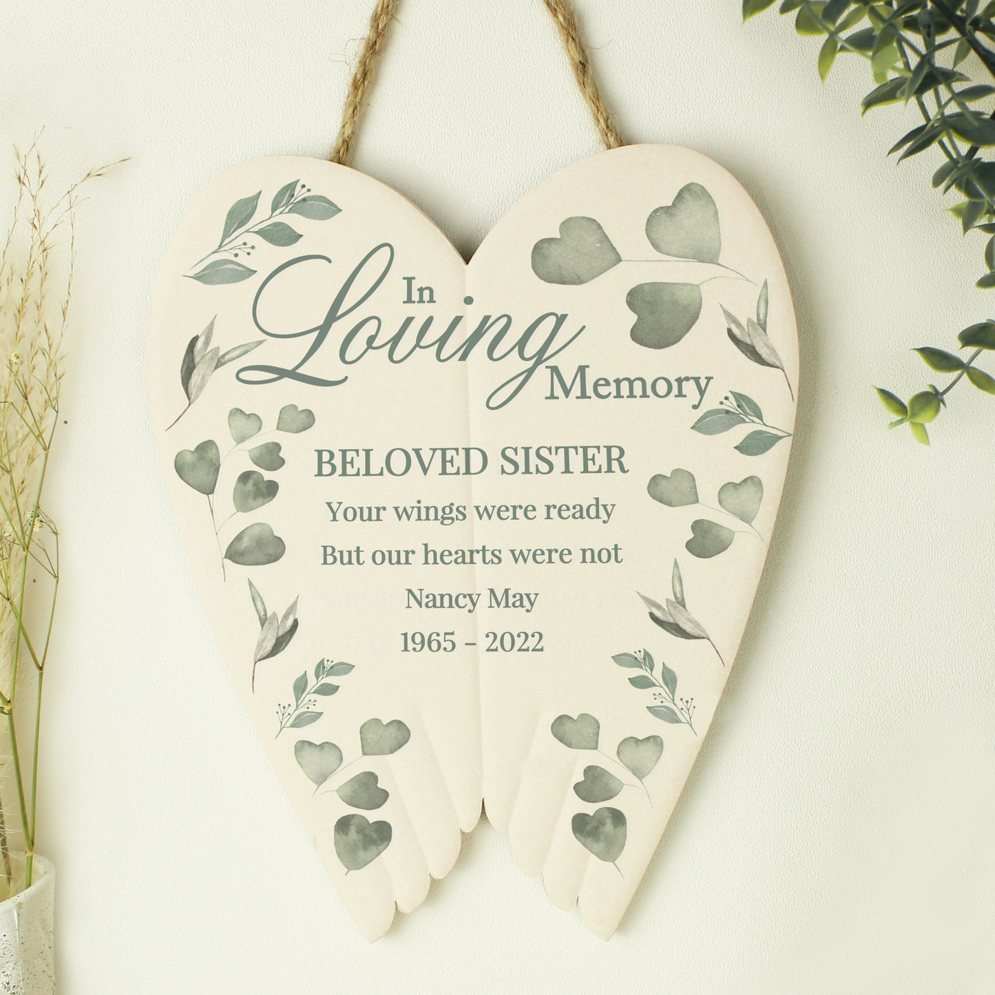 Personalised In Loving Memory Ceramic Wings Hanging Plaque