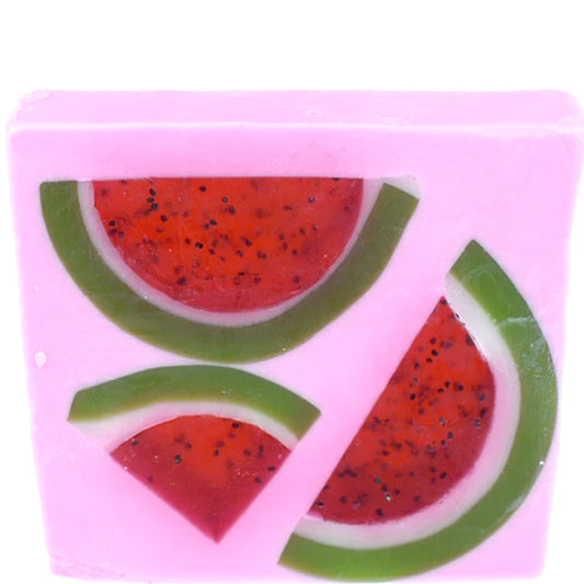 Watermelon Sugar Soap Slice from Bomb Cosmetics with essential oils of grapefruit and neroli. Pink with imitation watermelon slices inside. Glycerin soap and vegan friendly.