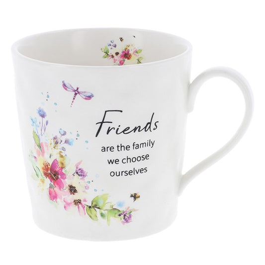 Wildflower Blossom Mug for Friend in porcelain with colourful floral spray image and text that reads - Friends are the family we choose ourselves