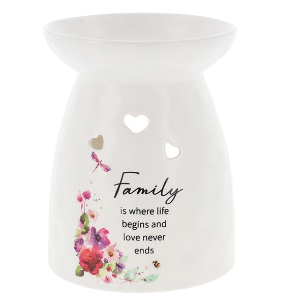 Wildflower Blossom Oil Burner in porcelain with floral spray image and text reading - Family is where life begins and love never ends.