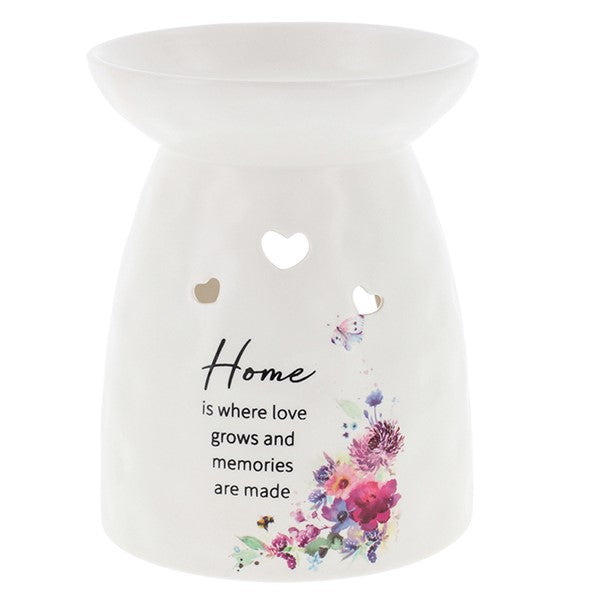 Wildflower Blossom Oil Burner in porcelain with floral spray image and text reading - Home is where love grows and memories are made.