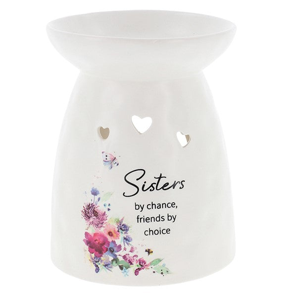 Wildflower Blossom Oil Burner for Sister in porcelain with floral spray image and text reading - Sisters by chance, friends by choice.