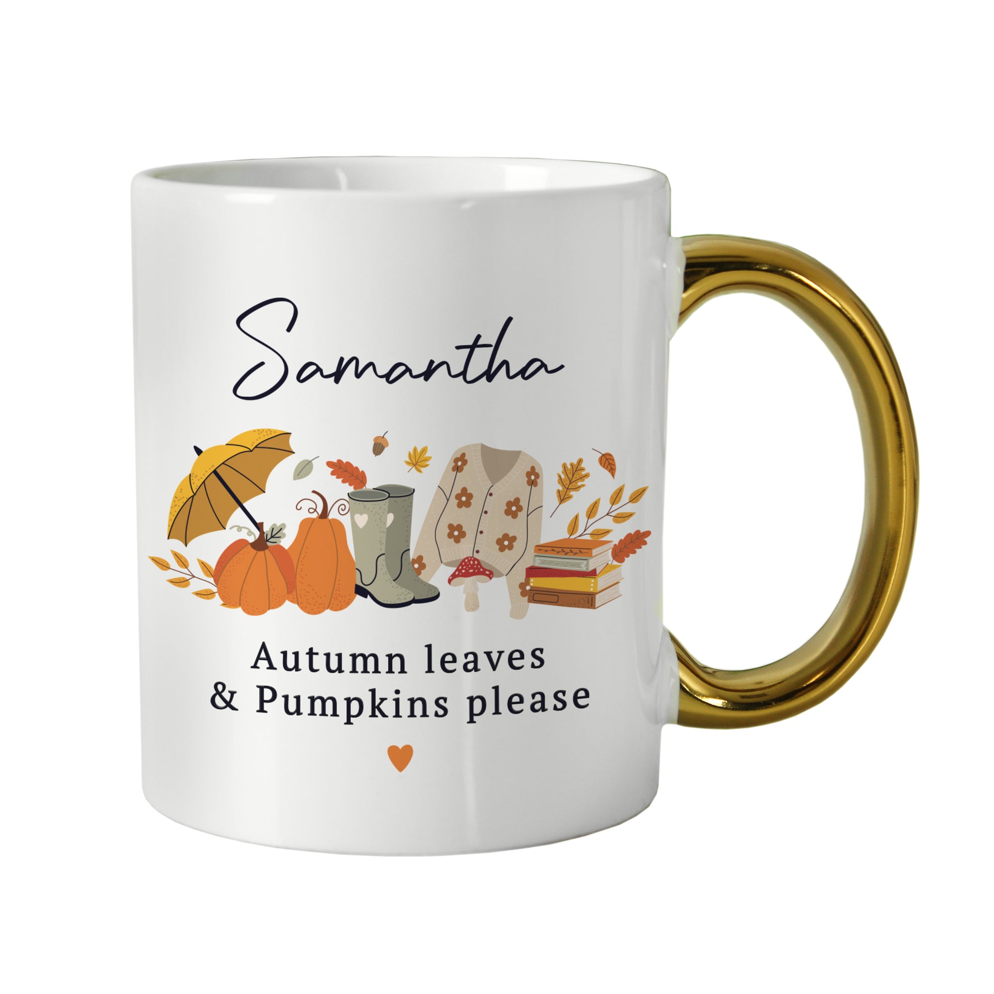 White mug with gold handle featuring autumn-themed design and text