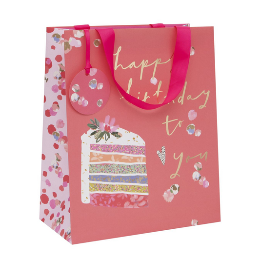 Coral colour large gift bag with rainbow cake and gold foil details