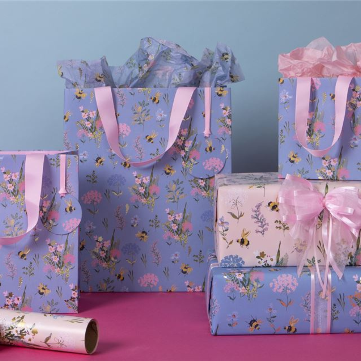 Lifestyle image with co ordinating bags and tissue paper