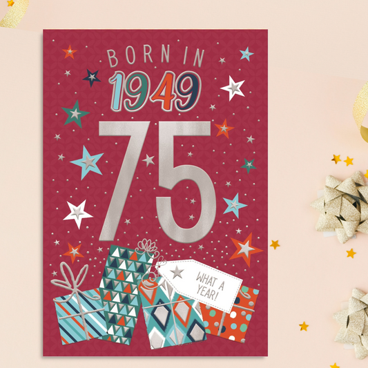 75th Birthday Card - Born In 1949 Congratulations Red