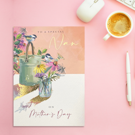 Peach and white card with floral watering can and blue tits