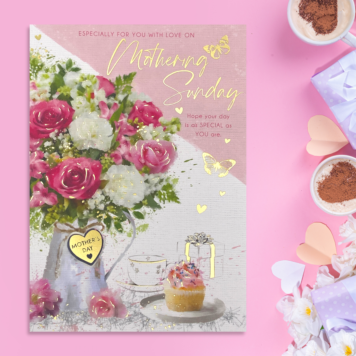 Pink and white card with pink roses and cakes