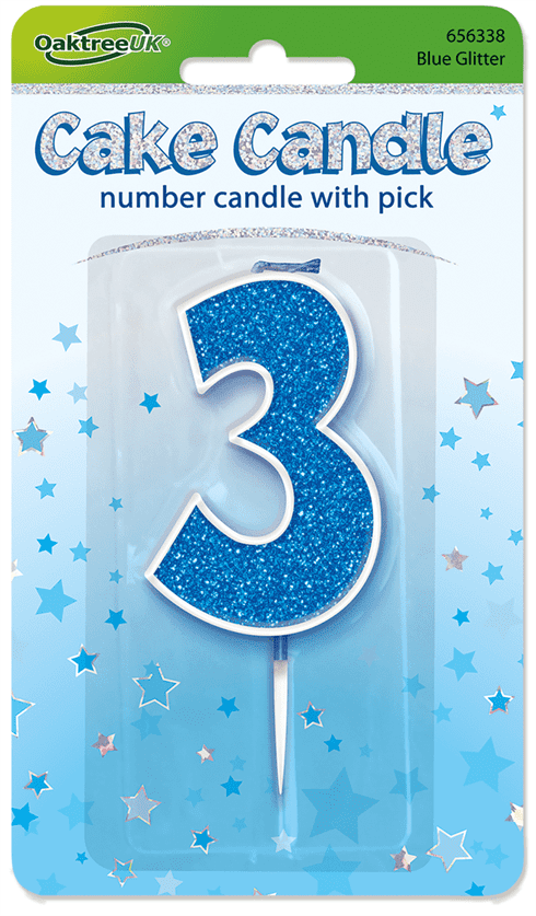 Blue Glitter Candle - Number 3