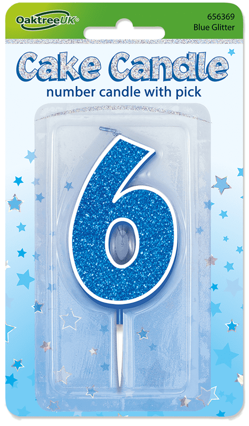 Blue Glitter Cake Candle - Number 6