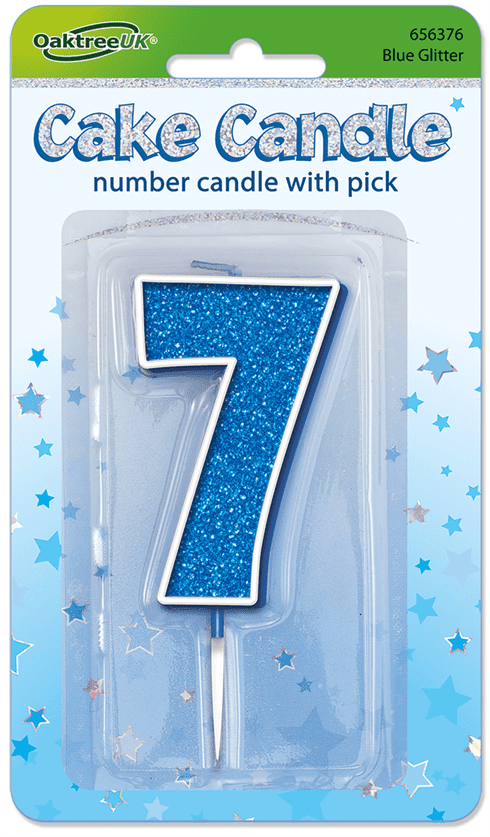 Blue Glitter Cake Candle - Number 7