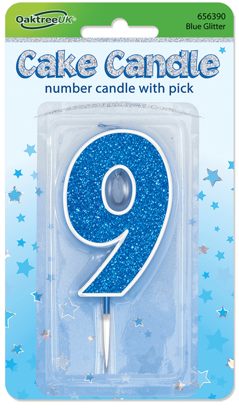 Blue Glitter Candle - Number 9