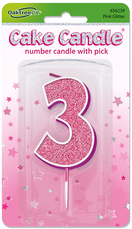 Pink Glitter Cake Candle - Number 3