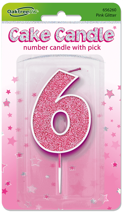 Pink Glitter Cake Candle - Number 6