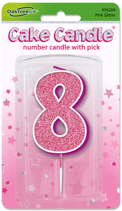 Pink Glitter Candle - Number 8