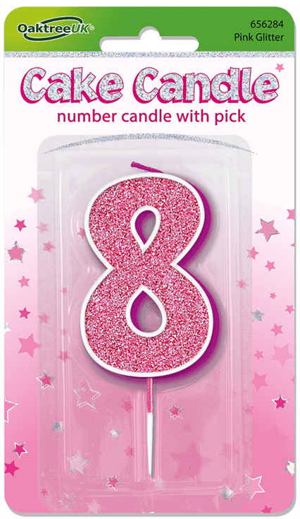 Pink Glitter Cake Candle - Number 8