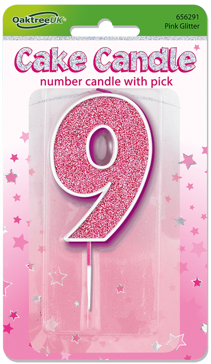 Pink Glitter Cake Candle - Number 9